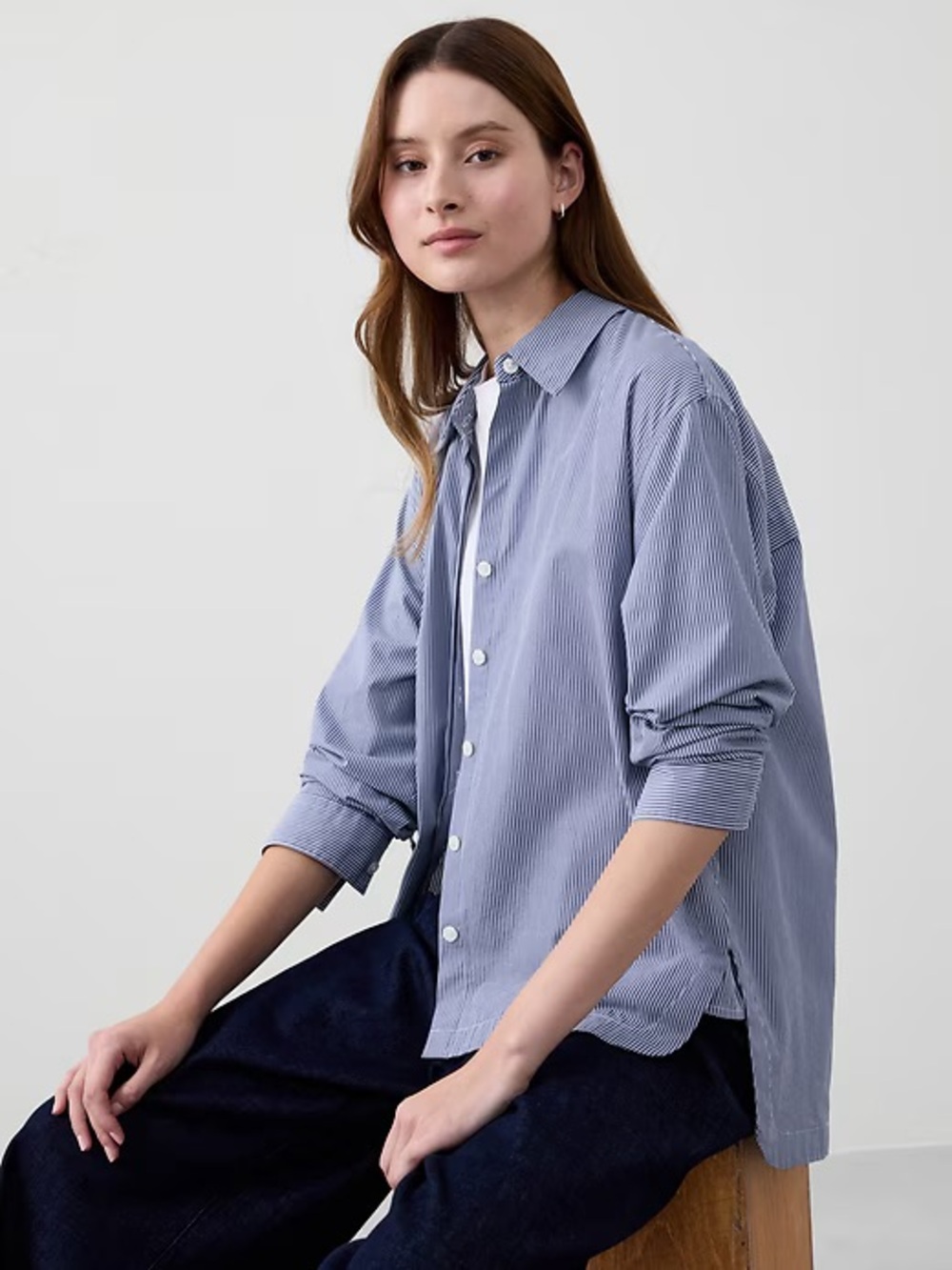 Banana Republic Blue Pinstripe Perfect Poplin Oversized Button Down